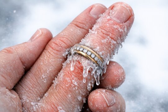 A person holds a ring in the snowy landscape, perfect for winter themed photoshoots or as a symbol of love and commitment