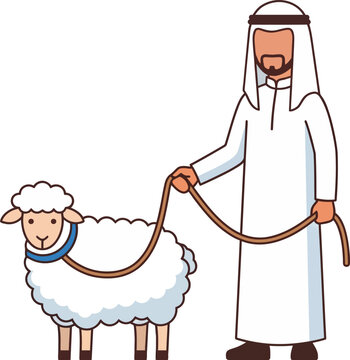 Flat Arab Muslim Man Leading Sacrificial Sheep with Rope for Eid al-Adha Vector Illustration   