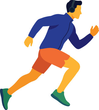 Flat Athletic Man Running with Headphones Vector Illustration