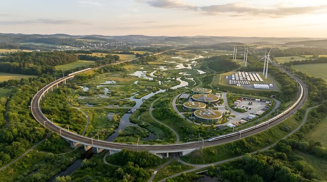 Aerial view of a circular industrial campus with green roofs and solar panels situated in a lush river valley with a railway bridge
