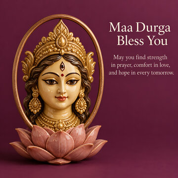 Elegant goddess durga portrait framed with golden halo and pink lotus for durga puja and navratri spiritual blessings on rich maroon background