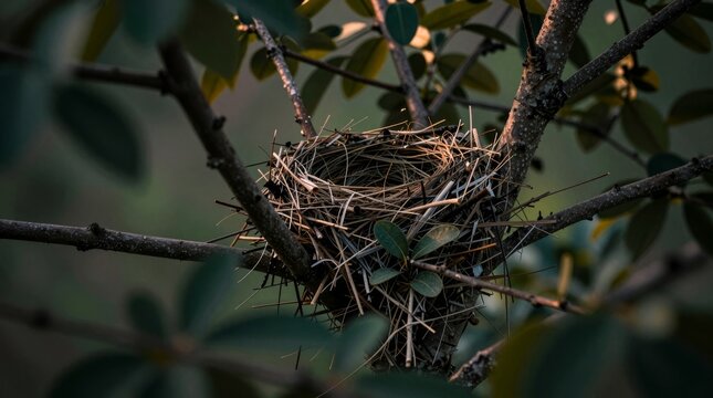 An empty bird nest sits nestled in the branches of a tree, surrounded by lush green foliage. This serene scene captures the beauty of nature and the cycle of life.