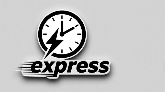 Black, white icon features clock with lightning bolt, express text. Minimalist logo fast delivery service, quick shipping speed. Graphic design represents urgent time management, rapid logistics,