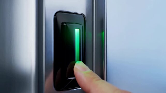 Finger presses and slides down glowing green touch sensor on sleek brushed metal panel, showing close-up hand interaction with illuminated electronic interface in cool light