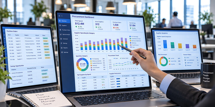 Procurement managers collaborating on supplier spend analytics and procurement dashboards on screens
