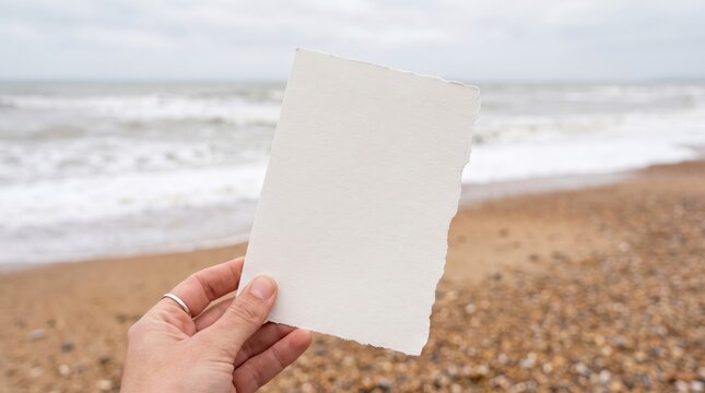 Hand holding blank white deckle edge card invitation mockup with ocean beach background