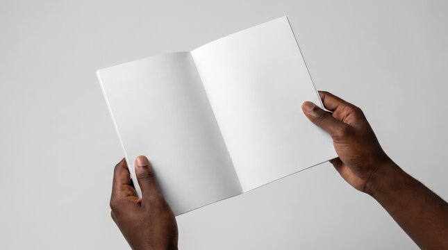 Hands holding open blank white booklet magazine mockup isolated on light background