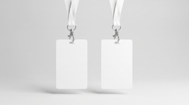Two blank white lanyard neck badge identity card mockups isolated on grey background
