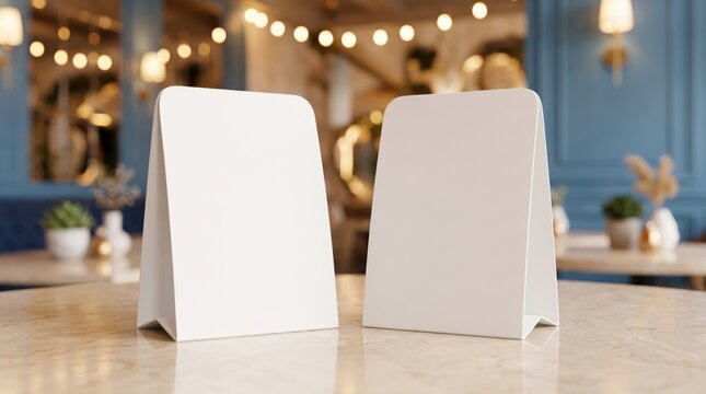 Two blank white table tent card menu mockups standing in modern restaurant interior