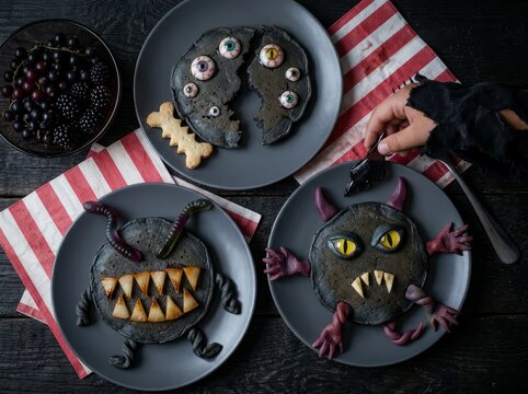 A fun Halloween breakfast with monster pancakes, colorful toppings and playful spooky food designs.