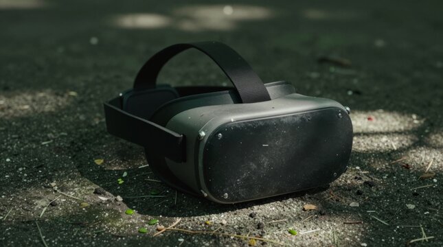 A virtual reality headset rests on the ground in a sunlit outdoor setting, surrounded by nature. The scene conveys a sense of adventure, technology, and leisure.