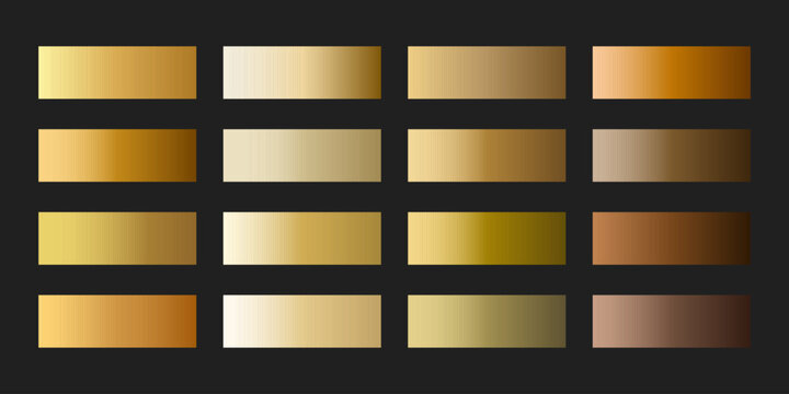 Collection of soft metallic gradient swatches with smooth gold, champagne, brass, bronze and copper shading. Vector palette for elegant labels, premium invitations and luxury decorative frames.