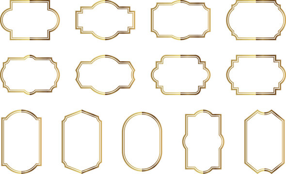 Premium decorative frame set with shiny gold outline. Vintage Logo Borders, luxury Shapes and elegant Badge Templates Set. Collection for classic packaging, luxury mockups and boutique branding.