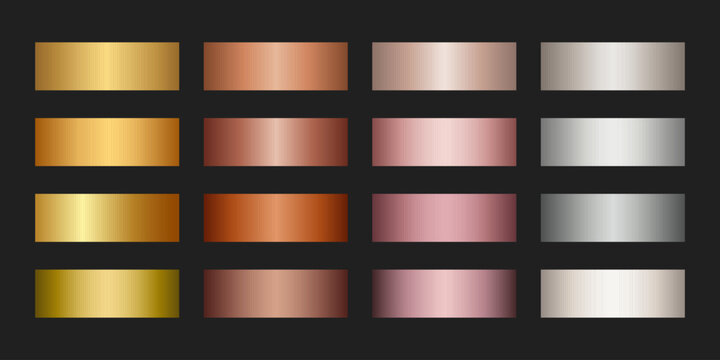 Metallic gradient palette with soft reflections and satin sheen. Collection of gold, silver, copper, rose gold vector swatches. Smooth highlights and vector shading for elegant and luxury designs.