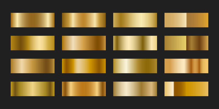 Set of gold shiny metallic gradient swatches from pale champagne to rich yellow. Bright highlights and deep shadows for polished metal effect. Reflective palette for elegant and luxury designs