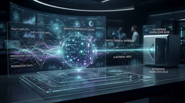 Enterprise AI contradiction resolution architecture comparing conflicting knowledge sources and selecting verified canonical information before retrieval and grounded response generation