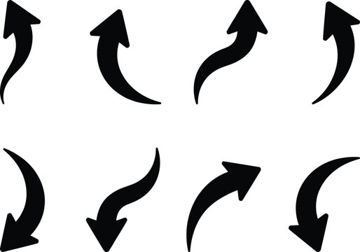 Curved arrow vector icon set for directional pointer, growth trend, wavy motion, interface navigation, progress upload, download, business success curve, and presentation design concepts