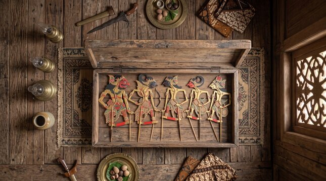 Top view five Wayang Kulit Pandawa puppets in vintage wooden box with batik keris flatlay