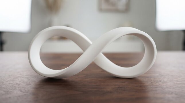 White mobius strip sculpture on dark wooden table with blurred background of a room.