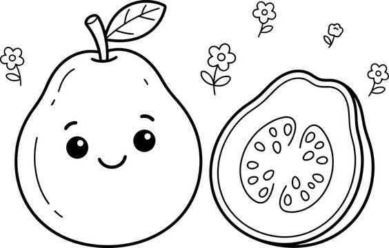 A delightful coloring page featuring a smiling pear and its sliced half perfect for kids and creative adults alike to enjoy