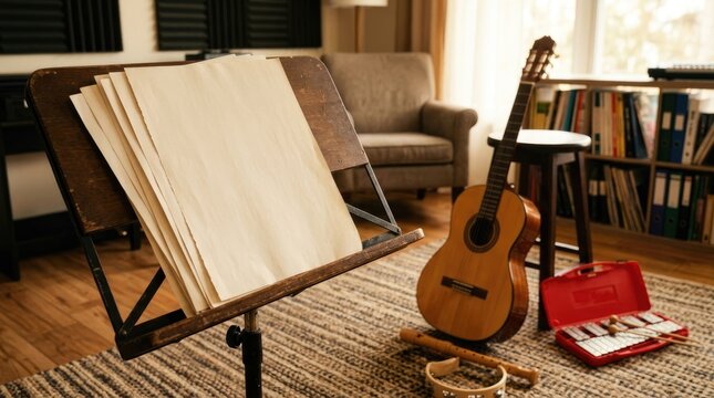 Blank sheet music on a stand with acoustic guitar in a home music studio