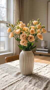 Soft Peach Lisianthus Flowers in a White Ribbed Vase on a Textured Tablecloth with Warm Light