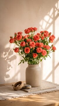 Vibrant Red Spray Roses in a Neutral Ceramic Vase on a Sunlit Table with Soft Shadows