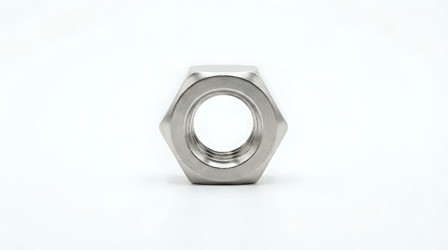 Stainless steel hexagonal nut with threaded center hole, isolated on white background for industrial, construction, and hardware applications