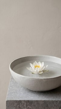 Single Pure White Water Lily in a Round Concrete Water Basin with Serene Lighting