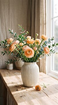 Vibrant Peach Ranunculus Bouquet in a Ribbed White Ceramic Vase on a Wooden Table