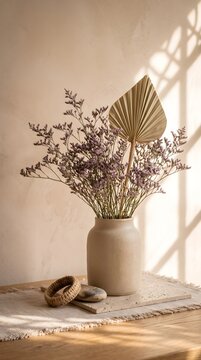 Dried Purple Botanical Arrangement with Palm Leaf in a Beige Vase on a Table