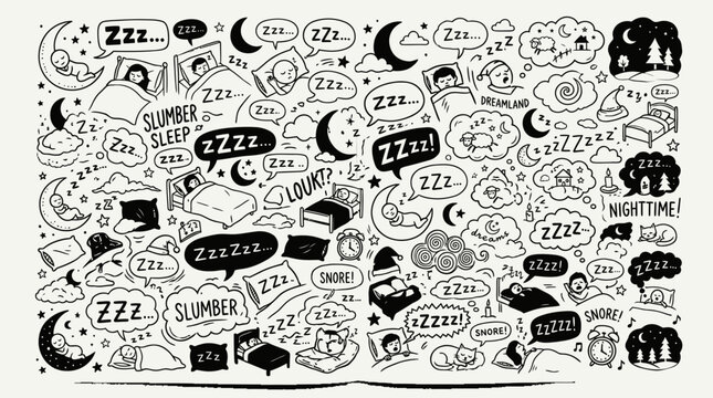 Hand drawn sleep and dream themed doodle icons set.