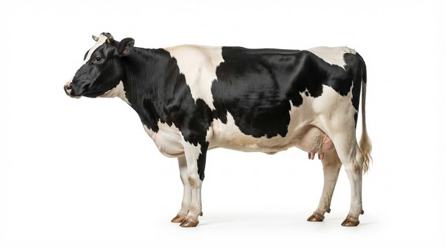 Full beauty of a Holstein cow standing in profile isolated against a vibrant clean white background