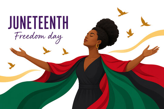 Juneteenth Freedom Day Celebration with Woman, Flying Birds and Flowing Red Black Green Fabric Isolated on Transparent Background