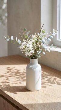 White Wildflowers and Eucalyptus Branches in a White Ceramic Vase on a Sunlit Wooden Table