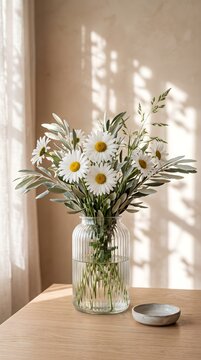 Fresh White Daisies and Chamomile in a Clear Glass Jar on a Wooden Table
