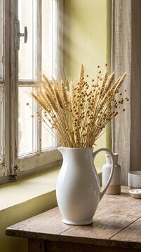 Dried Wheat Stalks and Grasses in a White Ceramic Jug on a Wooden Table Near a Window