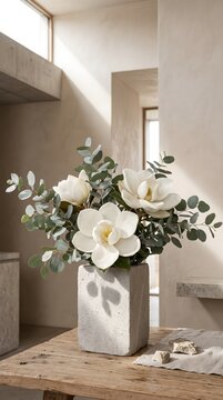 White Camellias and Botanical Elements in a Grey Stone Square Vase on a Table