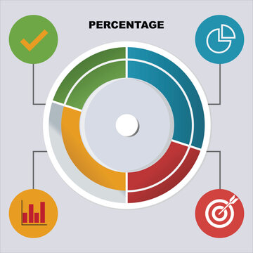 Circular percentage chart infographic with colorful segments and business icons on grey background