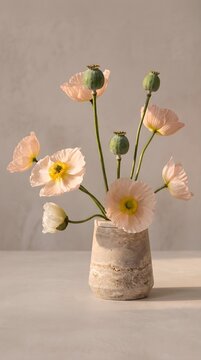 Delicate Pastel Poppies in a Textured Stone Vase on a Light Table Surfac
