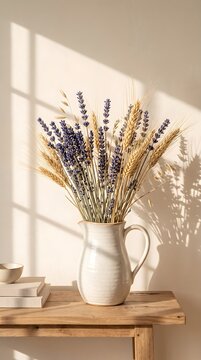 Dried Lavender and Wheat Stalks in a White Ceramic Pitcher on a Wooden Shelf