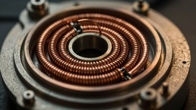 Close-up of a seismometer sensor with coiled copper wire mounted on a rugged metal plate, capturing seismic data with precision.