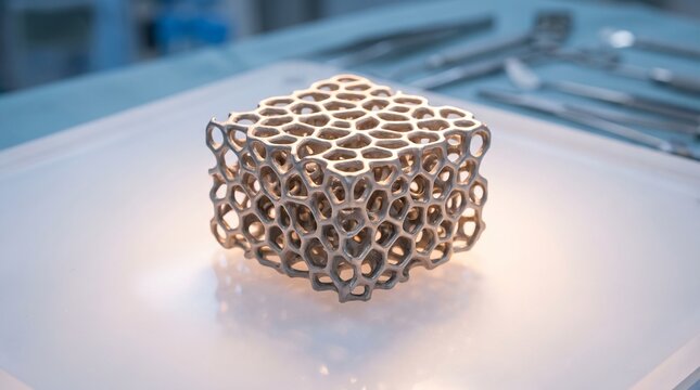 Metallic porous lattice cube prototype manufactured with advanced additive technology sitting neatly on a bright laboratory surface