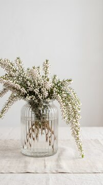 White Spiraea Wildflowers in a Clear Glass Jar on a Minimalist White Surface