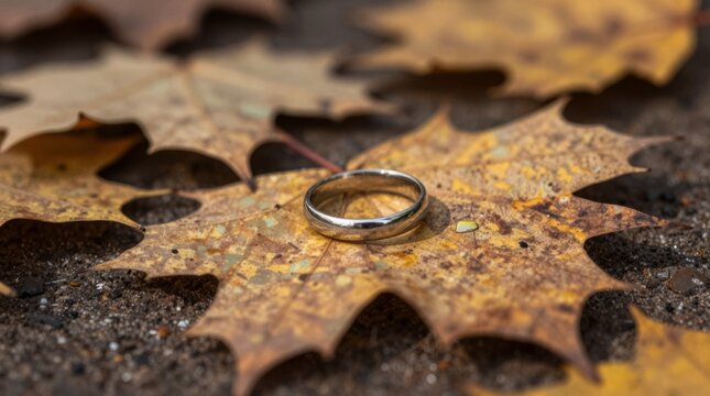 A stunning close-up of a silver ring resting gently on vibrant autumn leaves, capturing the beauty of nature and the essence of romance and connection.