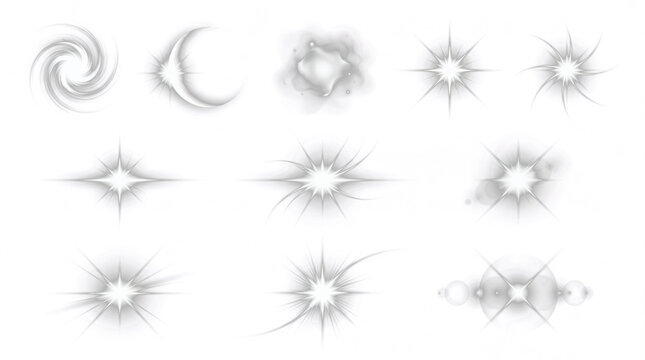 White Monochrome Sparkle Starburst Lens Flare Set with Swirl Spiral and Crescent Moon Glow Effects Isolated on Transparent Background