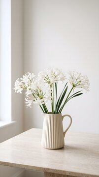 Fresh White Cluster Agapanthus Flowers in a White Ribbed Ceramic Pitcher on a Clean Wooden Table