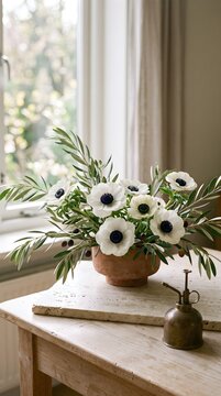 White Anemones with Dark Centers and Green Foliage in a Low Terracotta Bowl on a Stone Slab