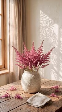 Bright Pink Astilbe Flowers in a White Stone Vase on a Rustic Wooden Table
