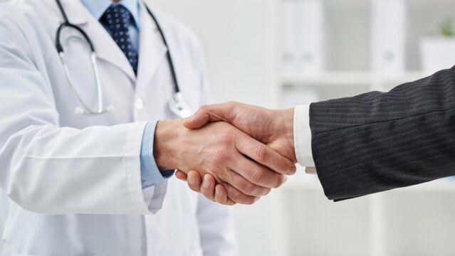 Doctor and businessman shaking hands in a professional medical office setting